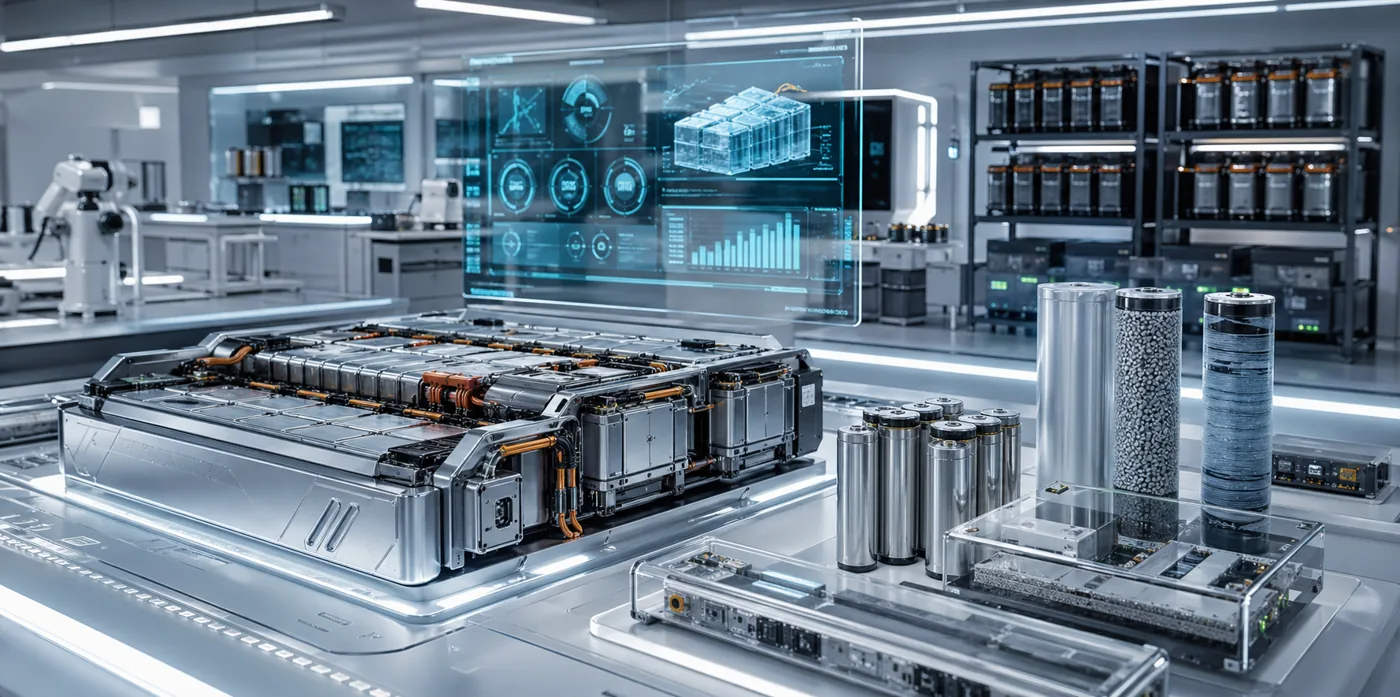 Future battery technology research lab with advanced modules and diagnostic dashboards